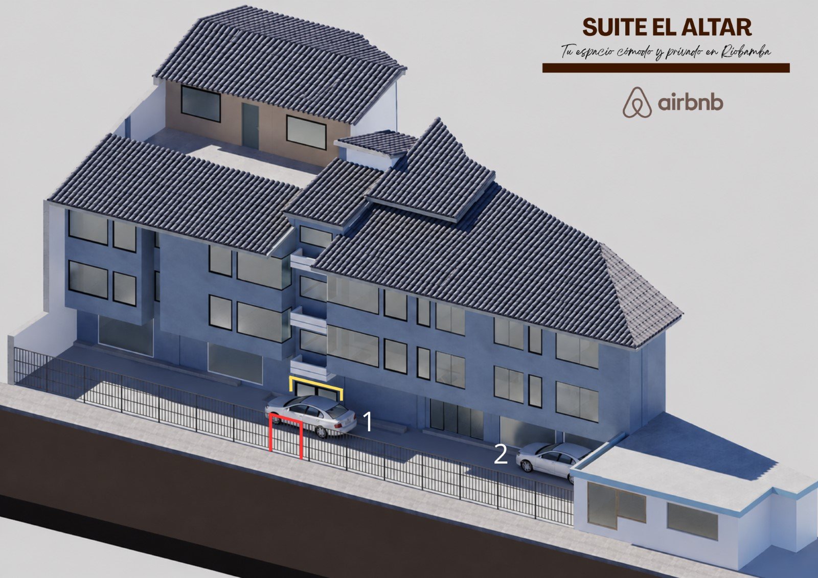 Diagrama de estacionamiento de la Suite El Altar con posiciones 1 y 2 marcadas